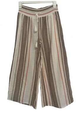 CALI 1850 Pants Linen Blend Striped Wide-Leg Side Slit Brown Cream Boho NWOT L